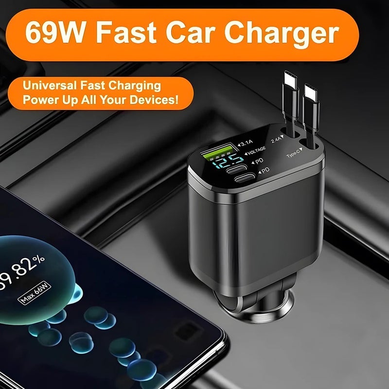 Bluejw Retractable Car Charger - 5-in-1 Fast Charging Mini Automobile Charger for iPhone & Android with Built-in Cables - Image 4